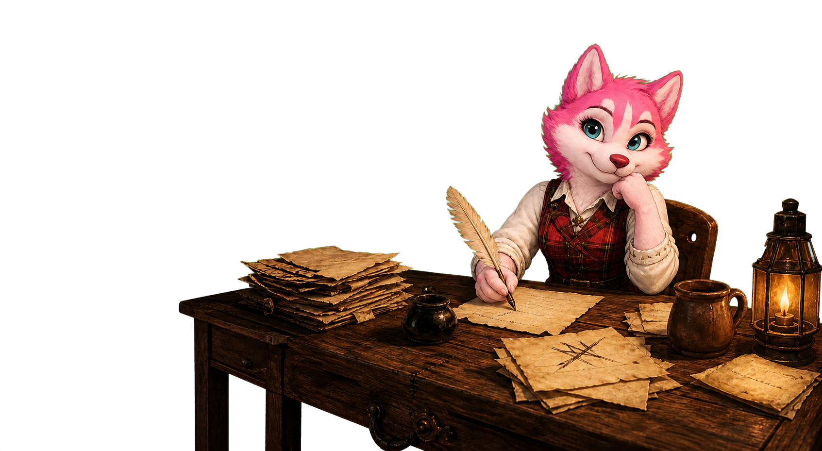 Emma the Bard writing with a quill at a parchment-covered wooden desk