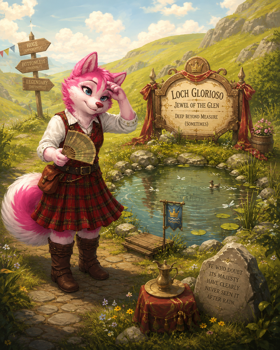 Emma the Bard beside a loch in a richly coloured fantasy landscape
