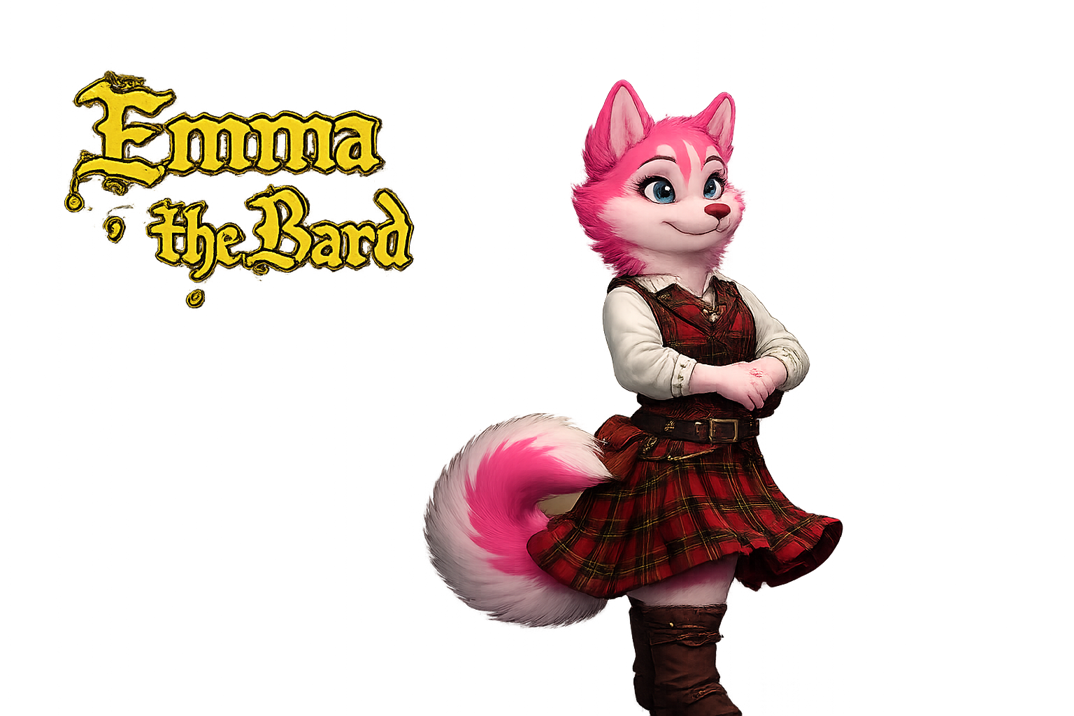 Emma the Bard, a pink-and-white husky carrying her instrument